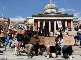 Protesters at Trafalgar Square London chanting Black Lives matter
